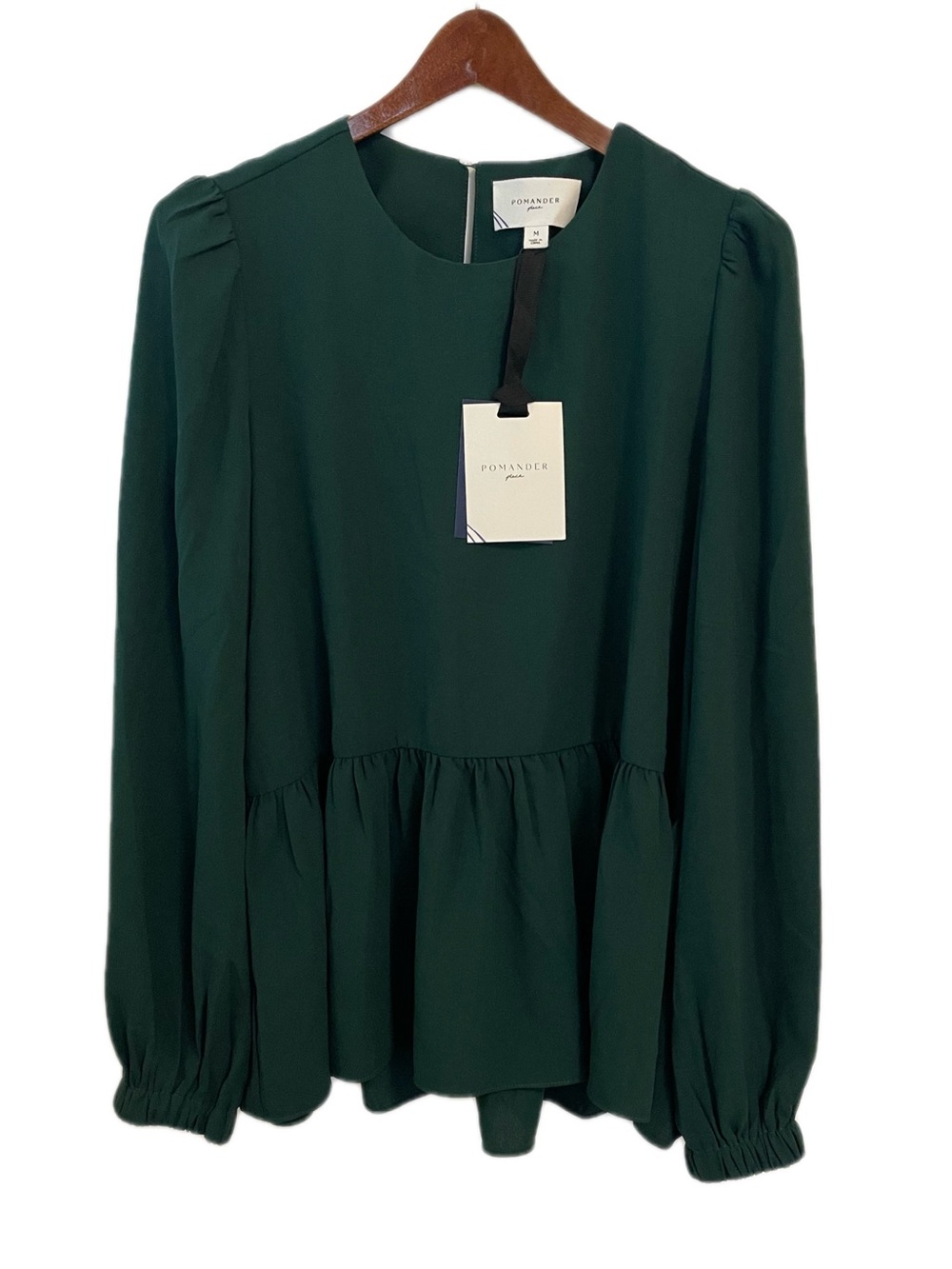 Pomander Place Blouse Top Carlota Hunter Green Peplum Medium Long Sleeves NWT